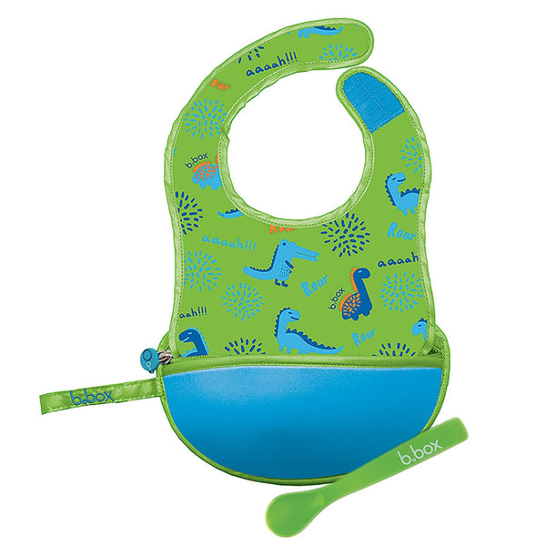 B Box Travel Bib & Flexible Soft Bite Spoon Set - Dino Time Blue Green