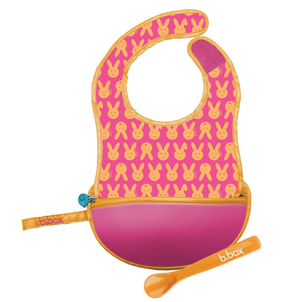 B Box Travel Bib & Flexible Soft Bite Spoon Set - Hip Hop Pink Orange