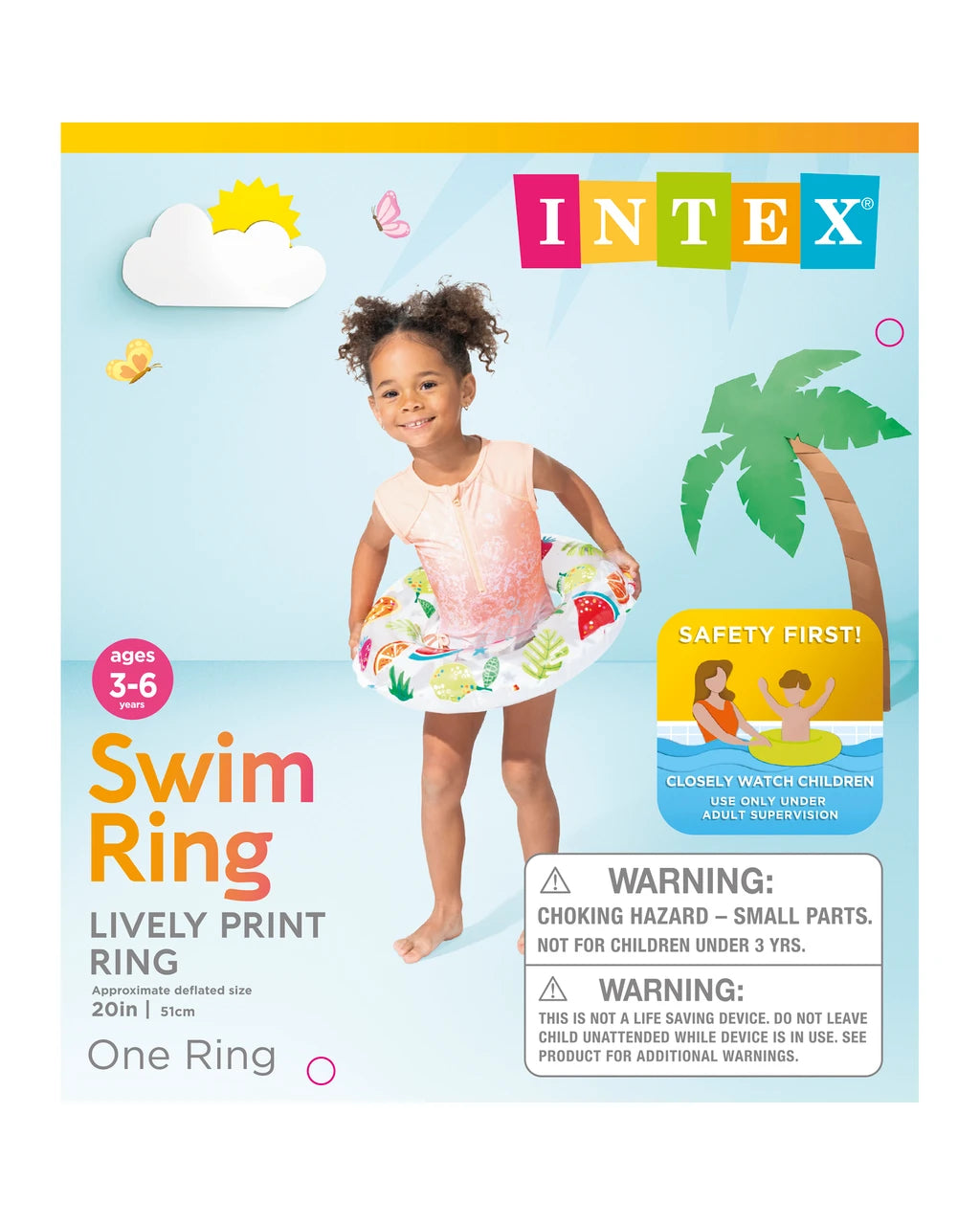 Intex Lively Print Inflatable Swim Ring 20in 3–6Y – Assorted