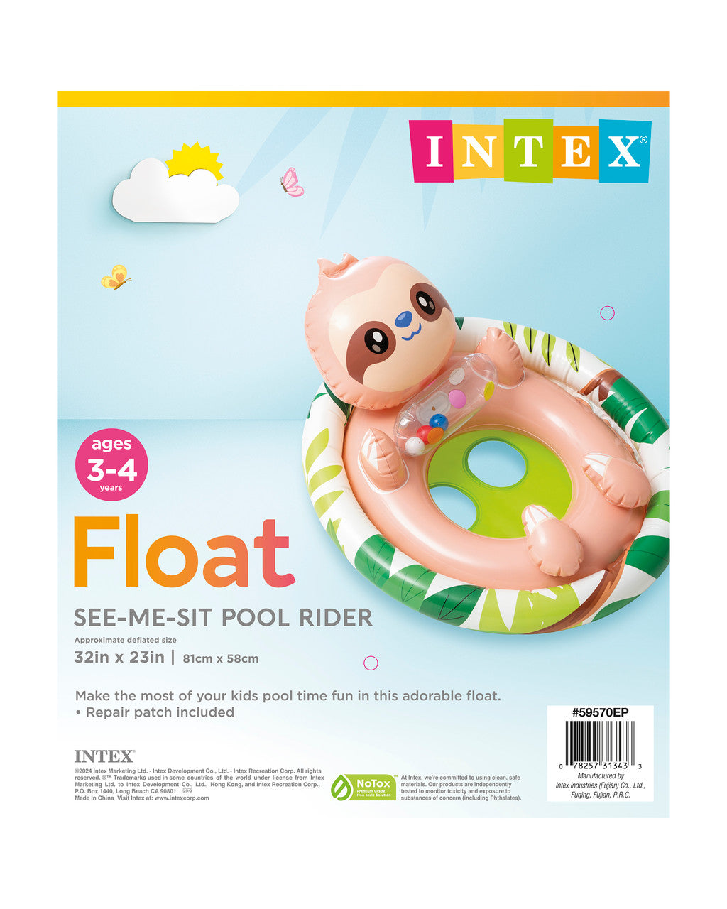 Intex See-Me-Sit Rider Inflatable Pool Float 32 x 23 Inches Sloth Multicolor