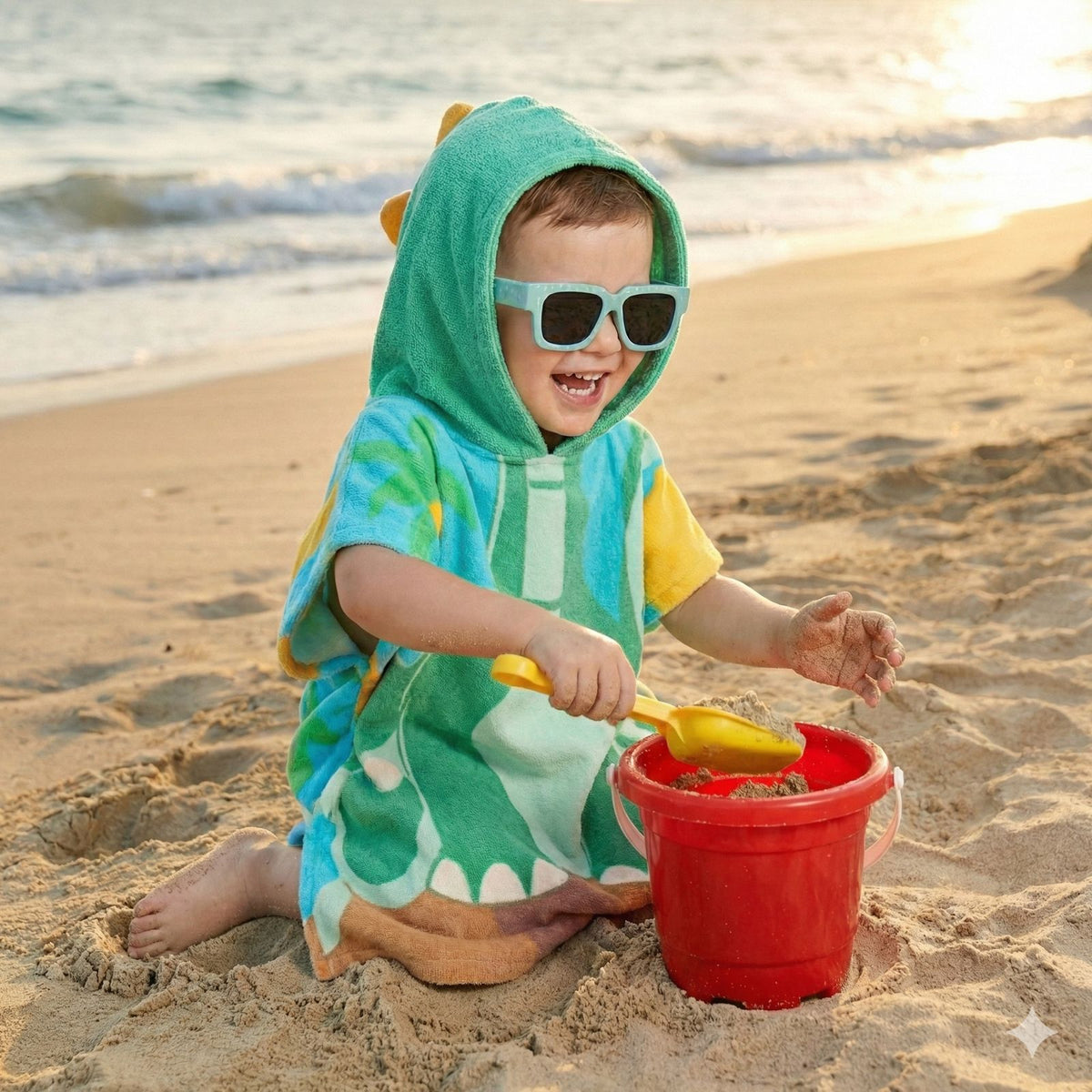 Quad Seven Dino-Mite Dinosaur Hooded Towel Poncho with Sunglasses (2–4 Years) – Soft & Absorbent Beach & Bath Robe