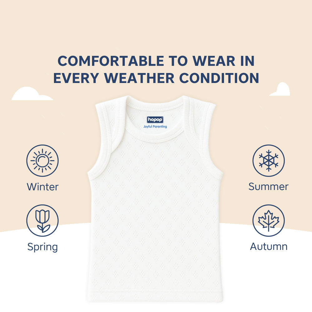 Hopop Baby Envelope Neck Sleeveless Solid Patterned Cotton Vest Preemie–12M – White