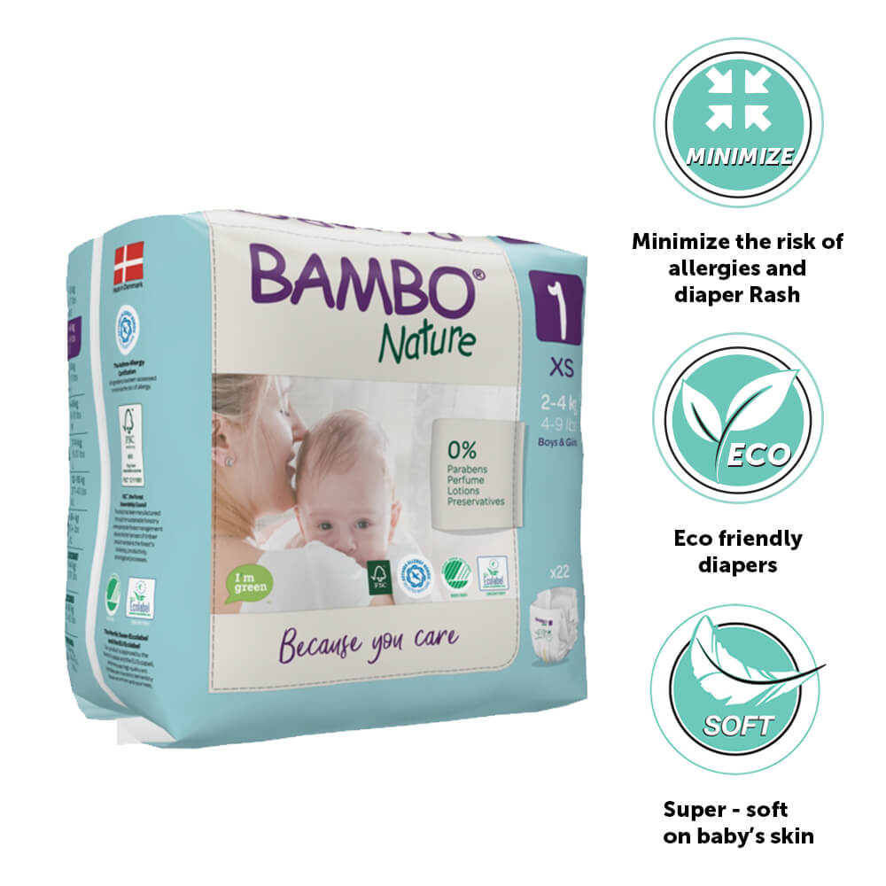 Bambo Nature Premium Baby Tape Diapers Size 1 XS 2–4 kg – 22 Pack
