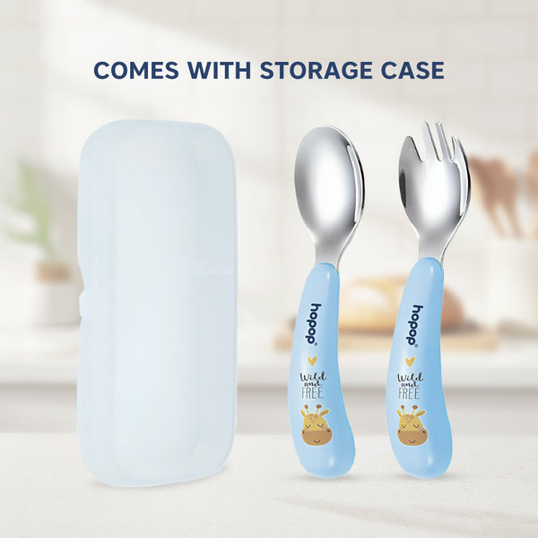 Hopop Stainless Steel Spoon & Fork Set with Travel Case 2-Piece Blue