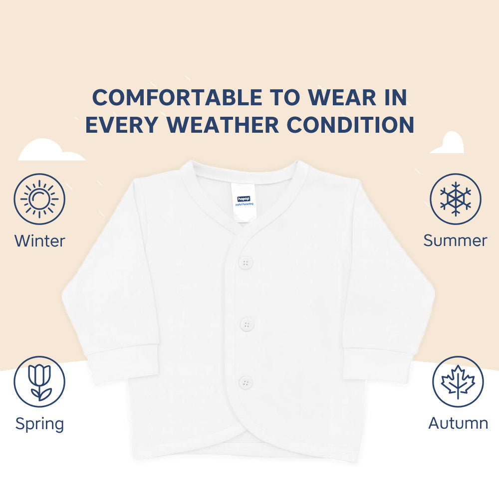 Hopop Front-Open Full-Sleeve Cotton Baby Vest - Preemie to 6–12 Months - White