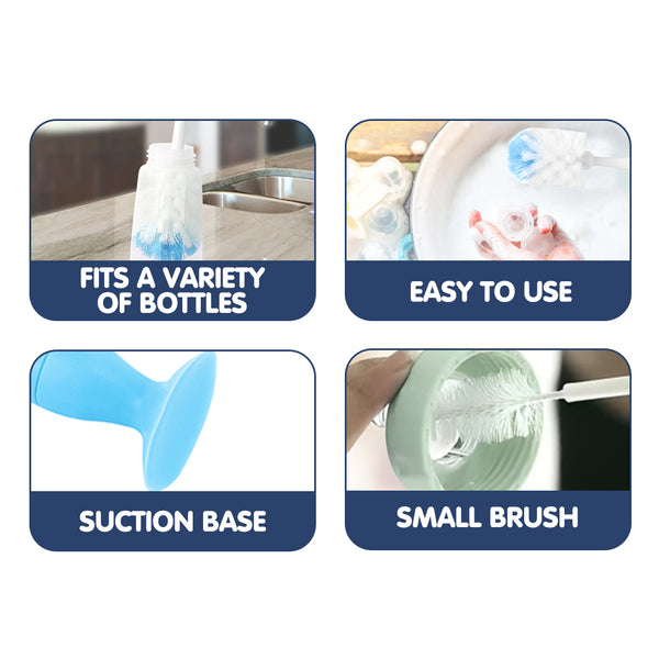 Hopop 2-in-1 Bottle & Nipple Cleaning Brush Grooved Handle with Suction Base One Size – Blue