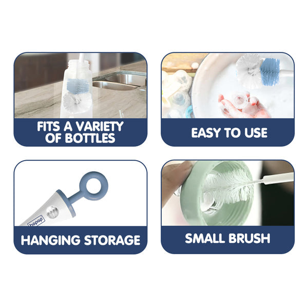 Hopop Bottle & Nipple Cleaning Brush with Grooved Handle & Easy Hanging Storage 2-in-1 Blue