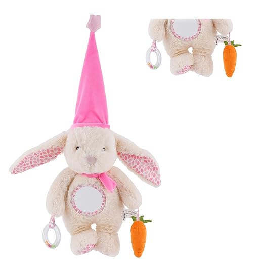 Nuluv Soft Bunny Ring Rattle Toy for Baby with Mirror & Crinkle, Early Development Sensory Toy
