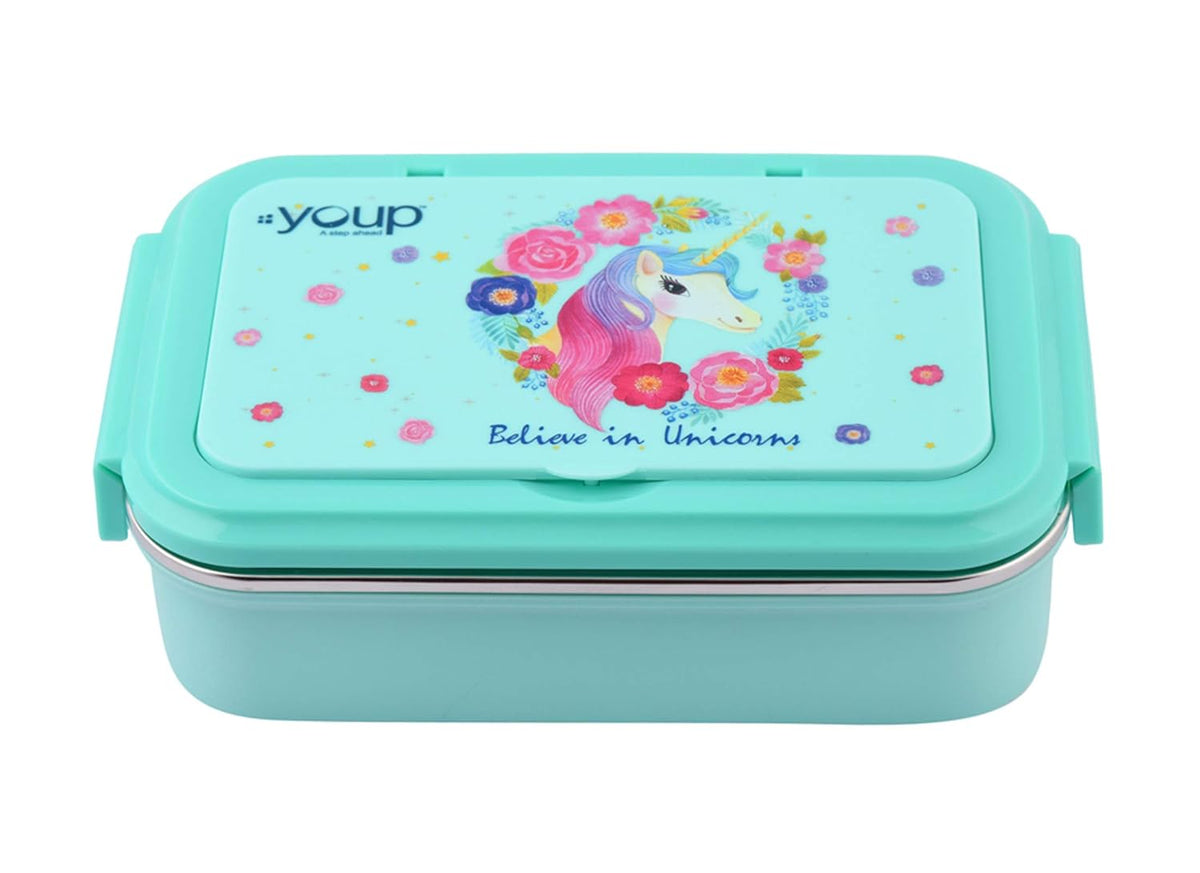 Youp Stainless Steel Sage Green Color Kids Lunch Box - Unicorn