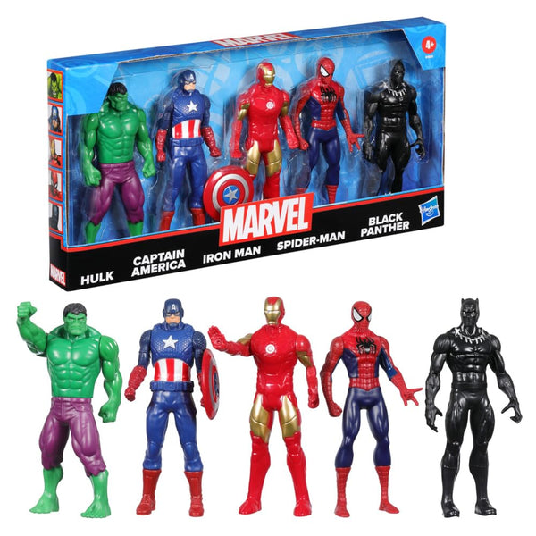 Marvel 6-Inch Hulk, Captain America, Iron Man, Spider-Man, & Black Panther Action Figure Set with Shield Accessory