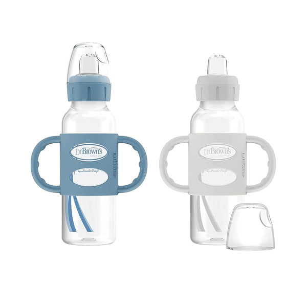 Dr. Brown’s Milestones Narrow Sippy Spout Bottle with Silicone Handles, 8oz/250mL, 6m+, Lt Blue & Lt Gray, 2-Pack