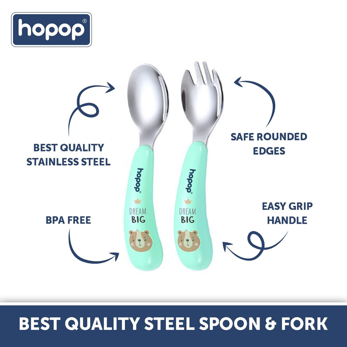 Hopop Stainless Steel Spoon & Fork with Travel Case 2-Piece Green