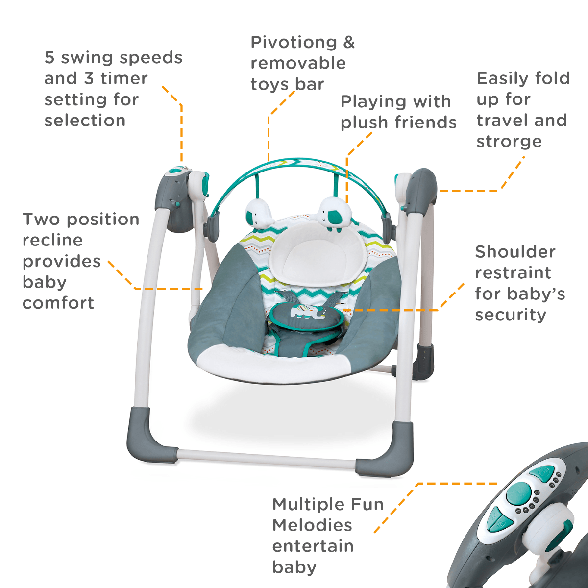 Mastela Deluxe Portable Baby Swing Up to 9 Kg Teal