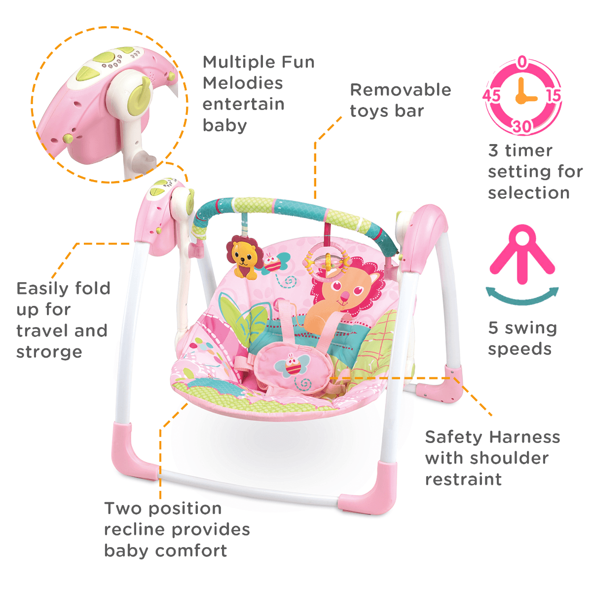 Mastela Deluxe Portable Baby Swing 74 x 59 x 58 cm Pink