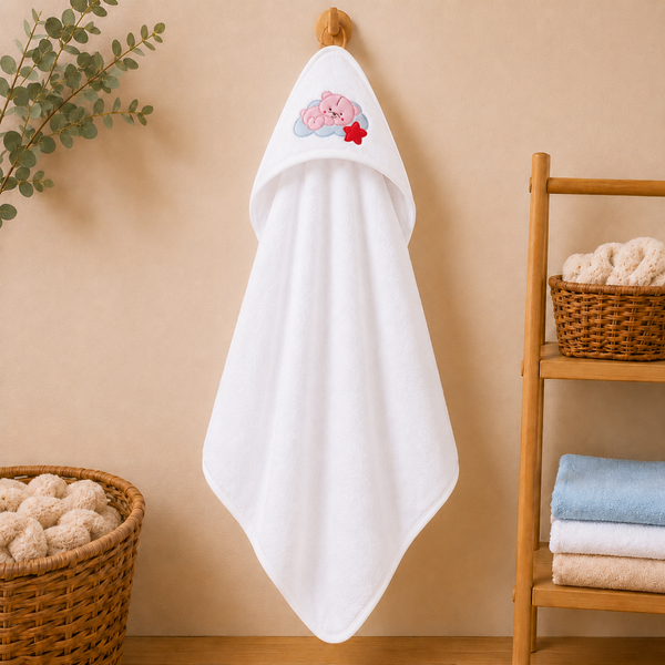 Babiano Sleeping Teddy Hooded Baby Towel – White
