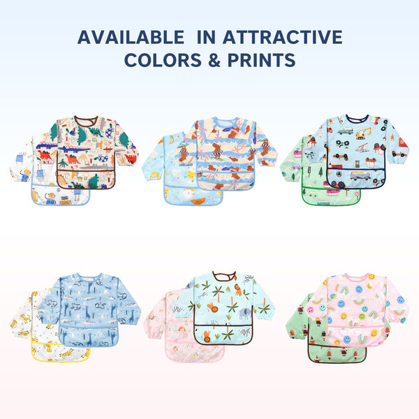 Hopop Waterproof Full Sleeve Baby Bib with Food Catcher Pocket – Apron Style - Assorted Print