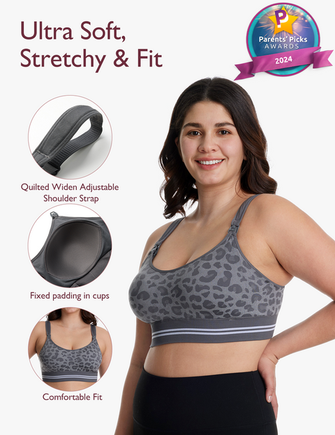 Momcozy 4-in-1 Hands Free Pumping Bra Large Leopard Grey