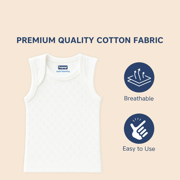 Hopop Envelope Neck Sleeveless Solid Patterned Cotton Vest - White