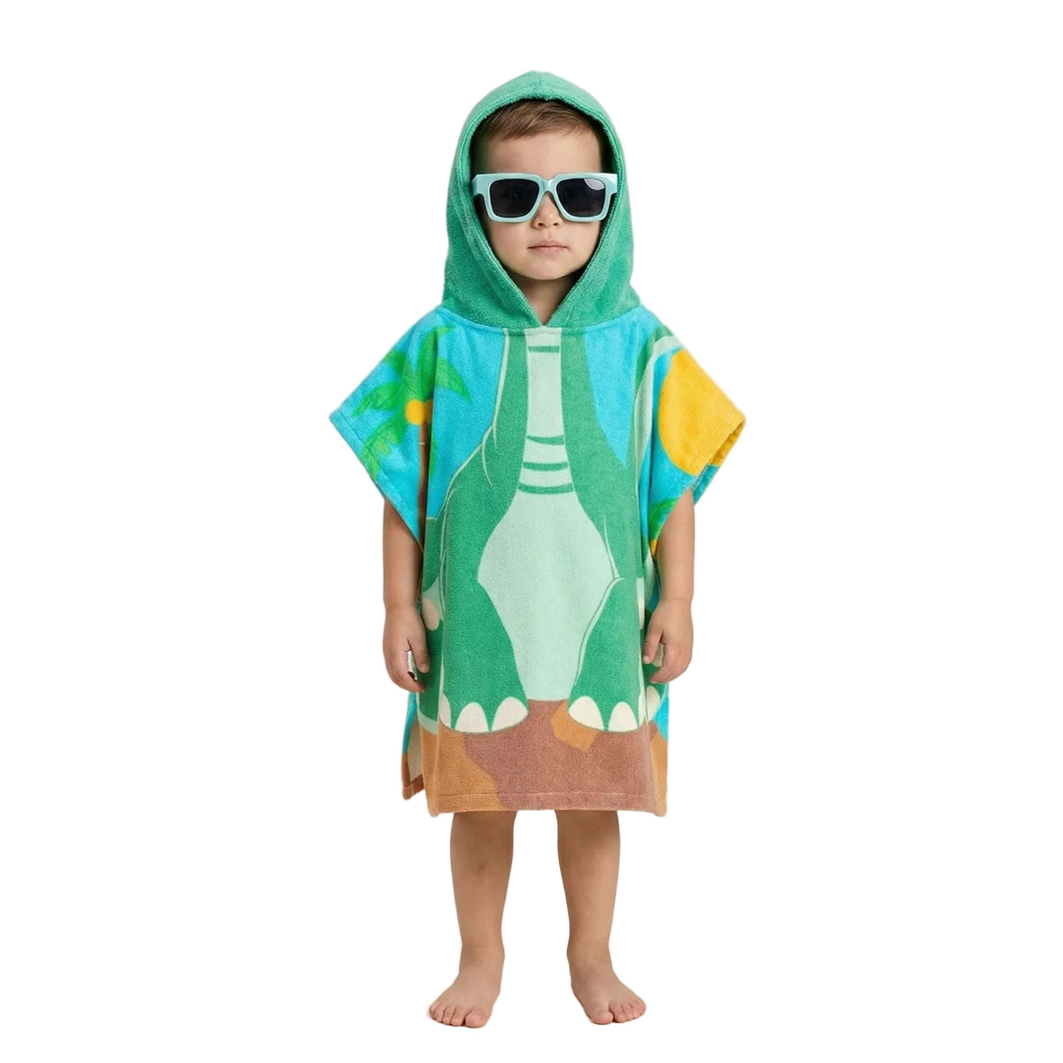 Quad Seven Dino-Mite Dinosaur Hooded Towel Poncho with Sunglasses (2–4 Years) – Soft & Absorbent Beach & Bath Robe