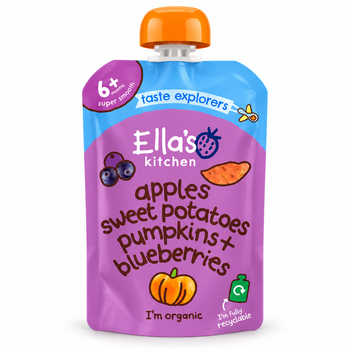 Ella’s Kitchen Organic Sweet Potatoes, Pumpkins, Apples & Blueberries Super Smooth Baby Puree Pouch – 6+ Months, 120g