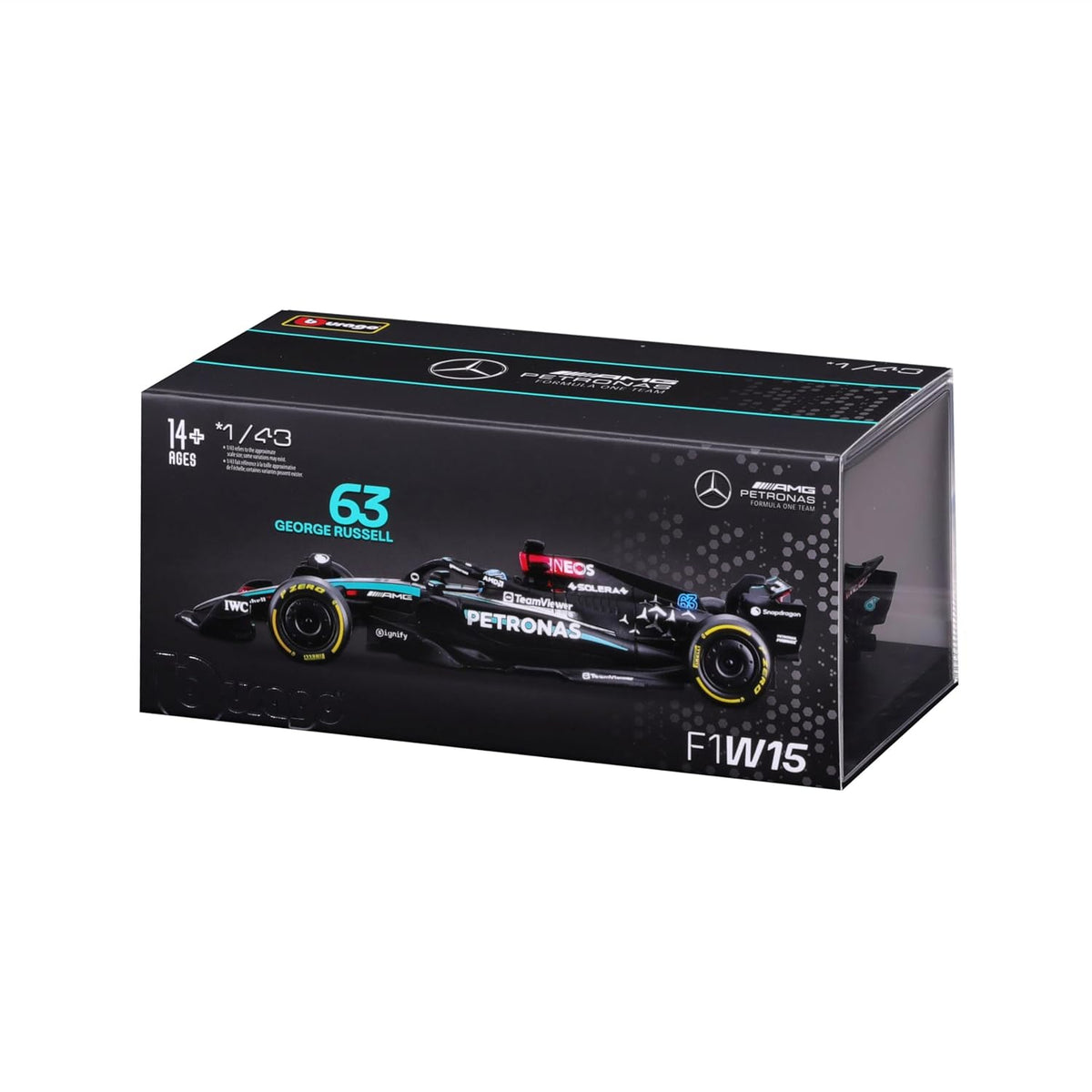 Bburago 2024 Mercedes-AMG W15 #63 George Russell 1:24 F1 Model with Acrylic Display Case