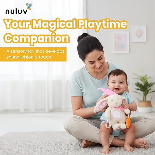 Nuluv Soft Bunny Ring Rattle Toy for Baby with Mirror & Crinkle, Early Development Sensory Toy