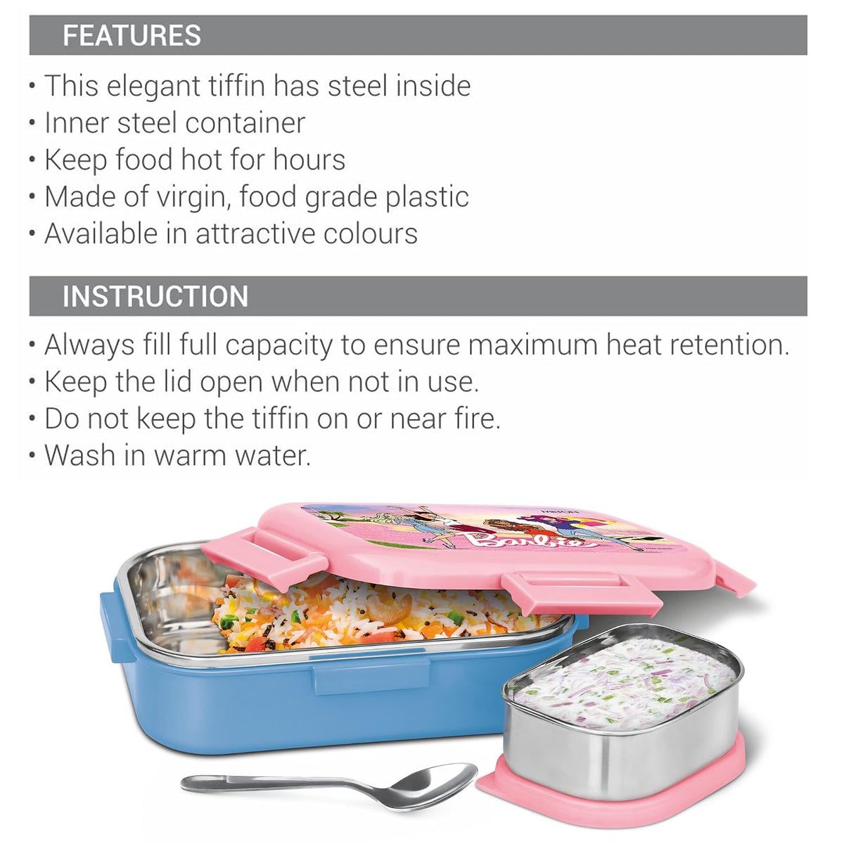 Milton Flatmate Barbie Stainless Steel Lunch Box 700 ml + 200 ml Blue