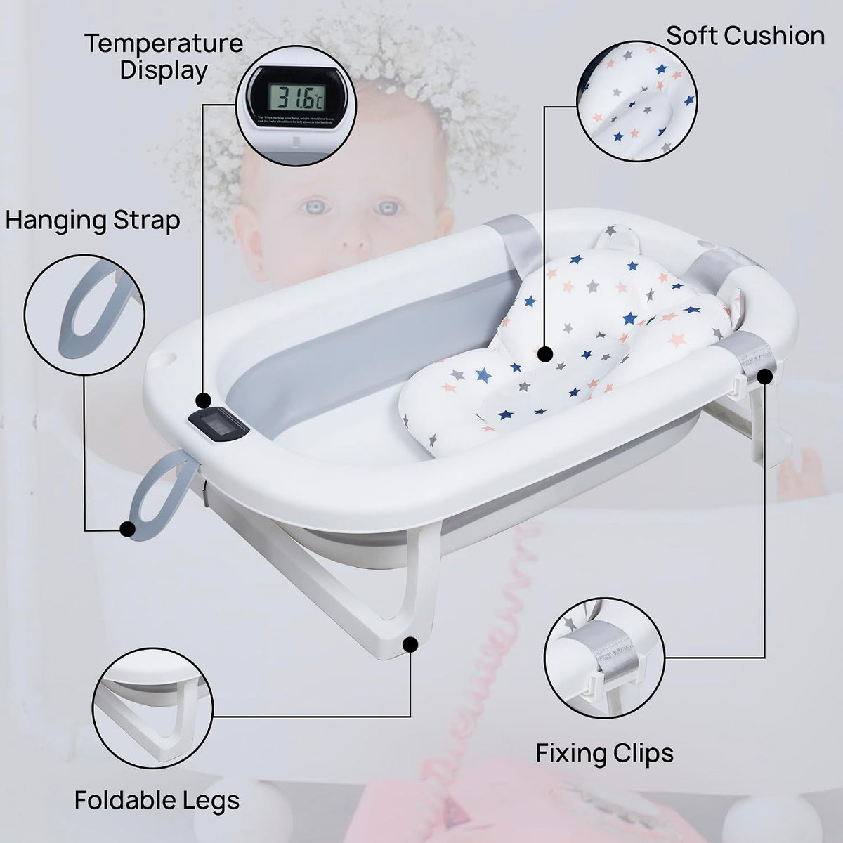 Nuluv Collapsible Baby Bath Tub with Cushion & Temperature Display Grey