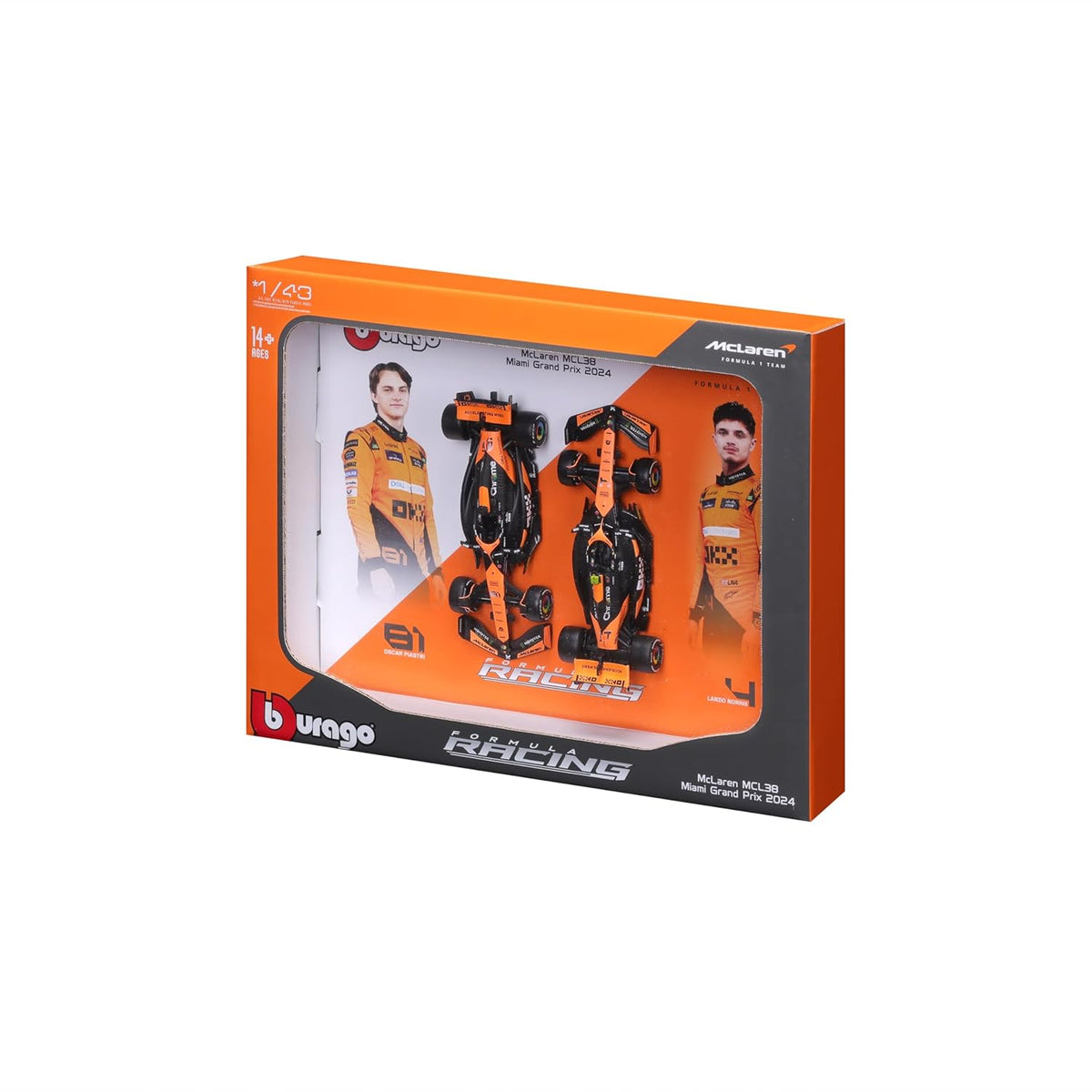 Bburago 1:43 McLaren MCL38 Miami GP 2024 F1 Twin Pack – Norris #4 & Piastri #81