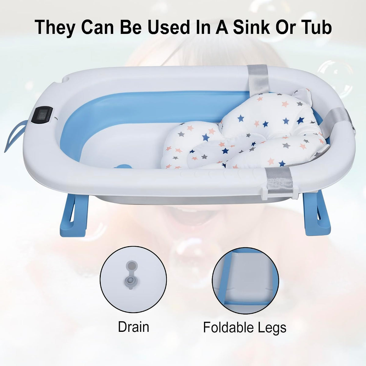Nuluv Collapsible Baby Bath Tub with Cushion & Temperature Display Blue