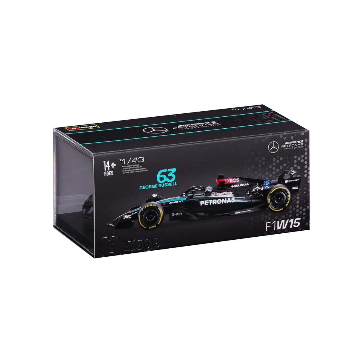 Bburago 2024 Mercedes-AMG W15 #63 George Russell 1:24 F1 Model with Acrylic Display Case