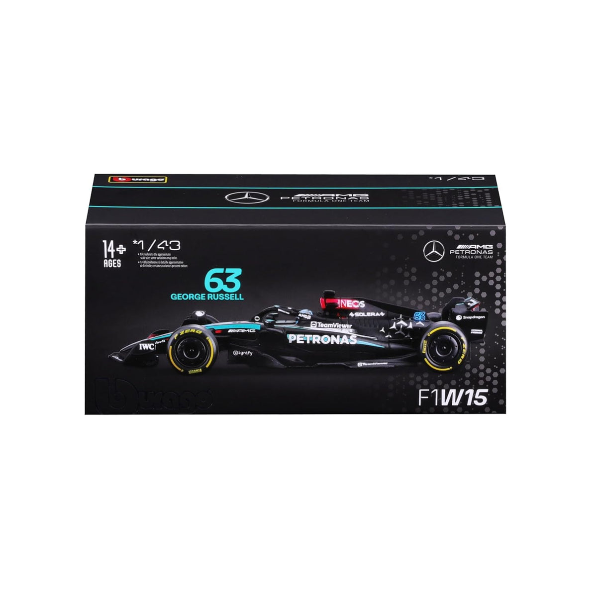 Bburago 2024 Mercedes-AMG W15 #63 George Russell 1:24 F1 Model with Acrylic Display Case