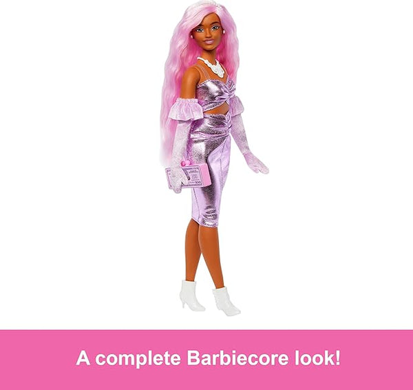 Barbie Deluxe Style Doll #1 in Barbiecore Outfit, Pink Hair and Glossy Pink Dress with Accessories Like Velvet Gloves, Money Purse