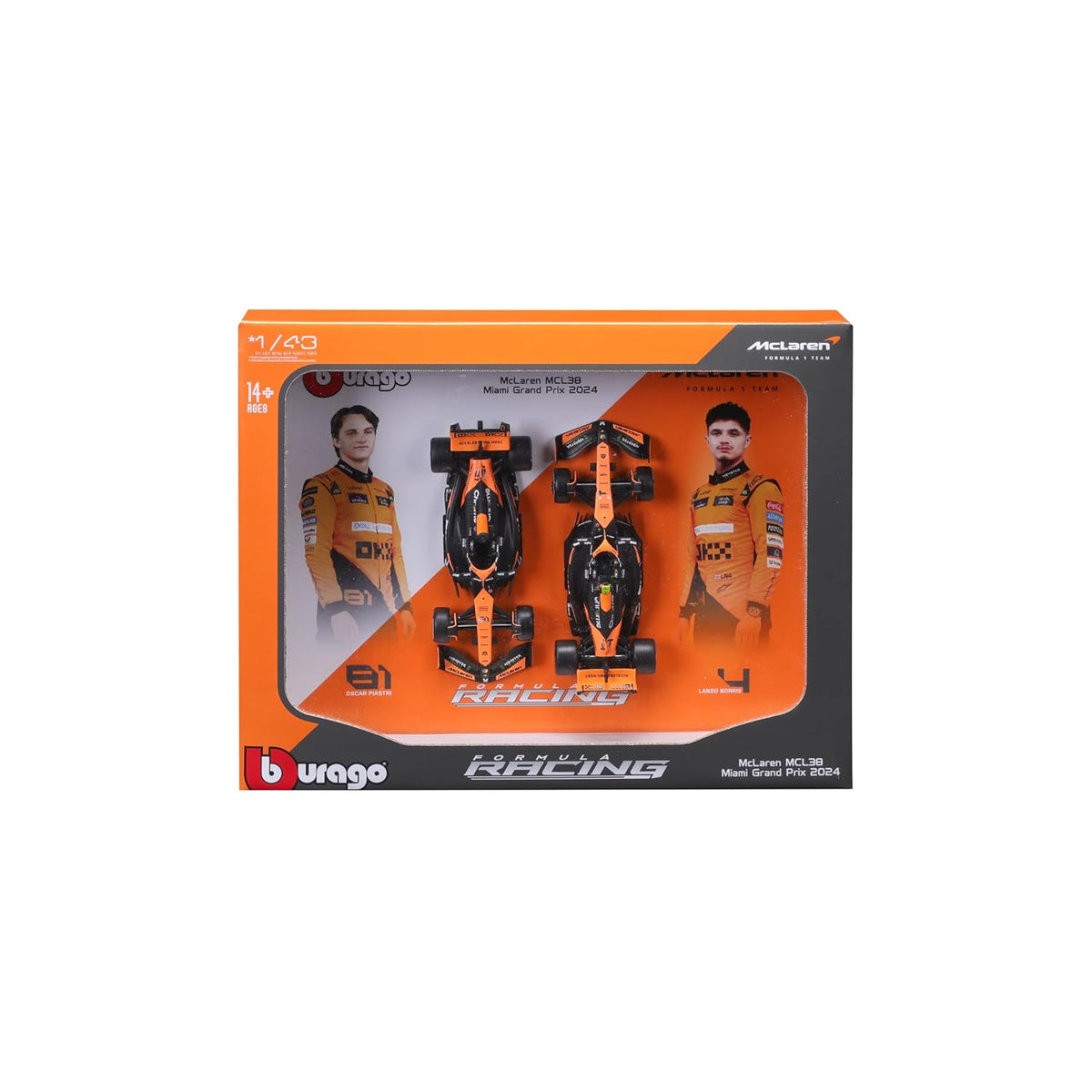 Bburago 1:43 McLaren MCL38 Miami GP 2024 F1 Twin Pack – Norris #4 & Piastri #81