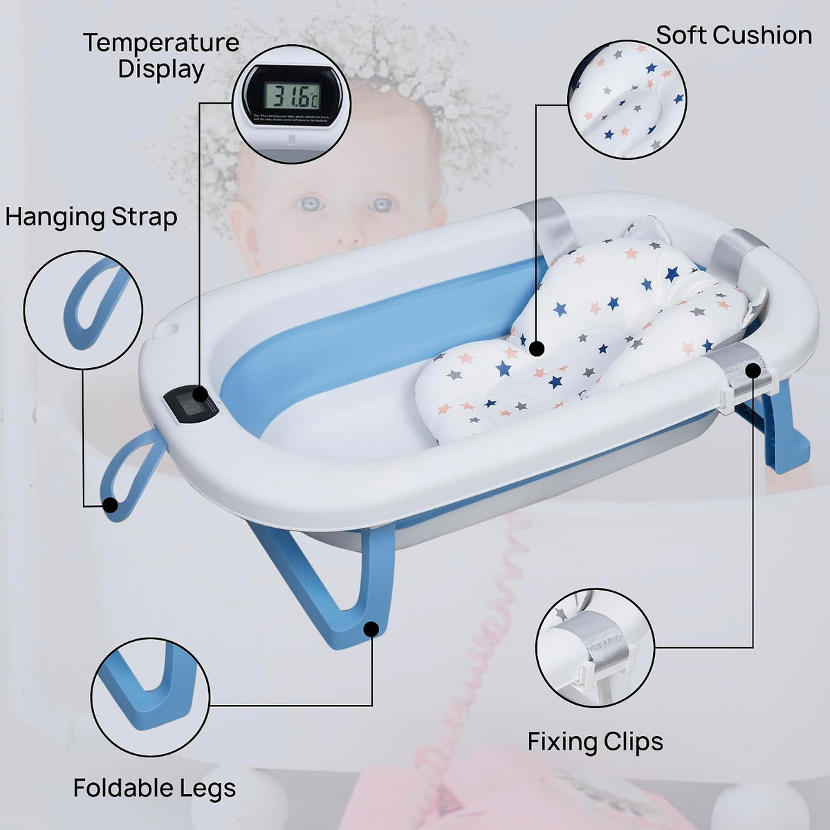 Nuluv Collapsible Baby Bath Tub with Cushion & Temperature Display Blue