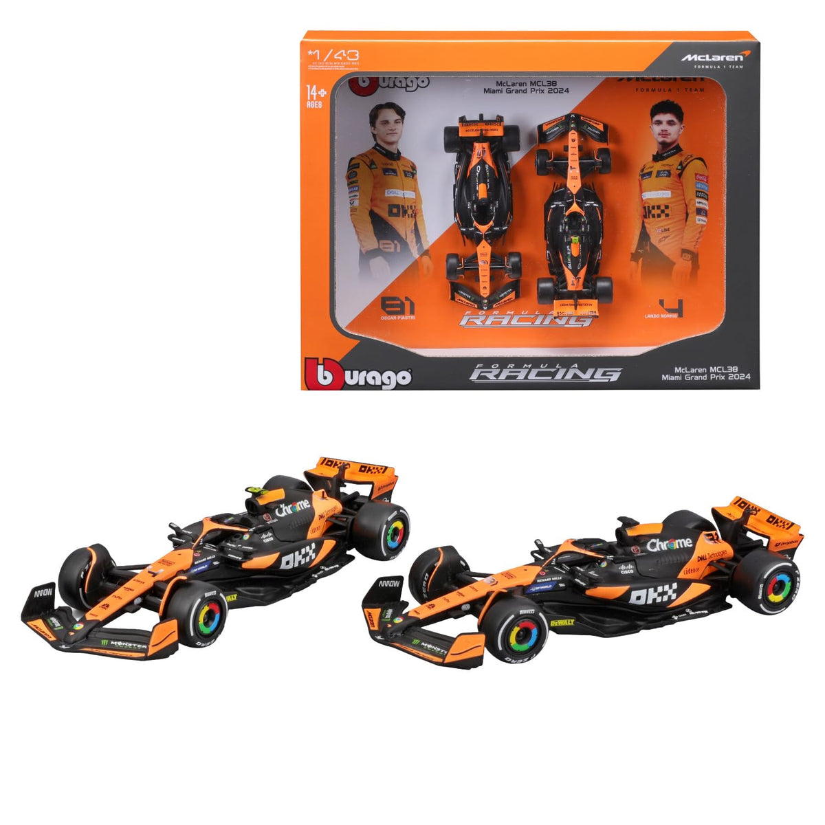 Bburago 1:43 McLaren MCL38 Miami GP 2024 F1 Twin Pack – Norris #4 & Piastri #81