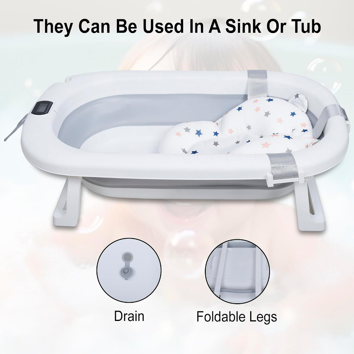 Nuluv Collapsible Baby Bath Tub with Cushion & Temperature Display Grey