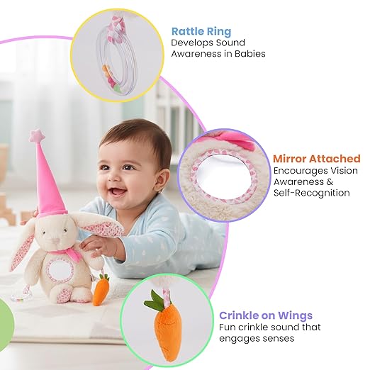 Nuluv Soft Bunny Ring Rattle Toy for Baby with Mirror & Crinkle, Early Development Sensory Toy