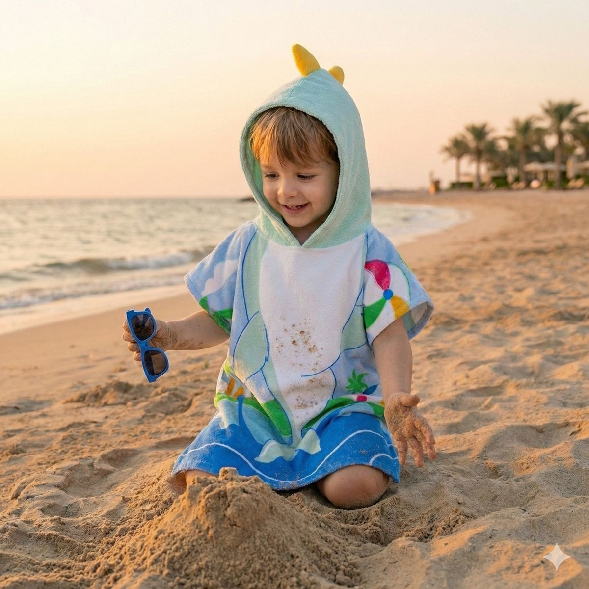 Quad Seven Playful Dolphin Hooded Towel Poncho for Boys (2–4 Years) – Soft Beach Robe with Sunglasses