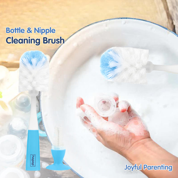 Hopop 2-in-1 Bottle & Nipple Cleaning Brush Grooved Handle with Suction Base One Size – Blue