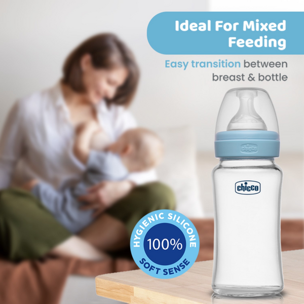 Chicco Well-Being Glass Feeding Bottle 240ml Medium Flow - Blue 2M+