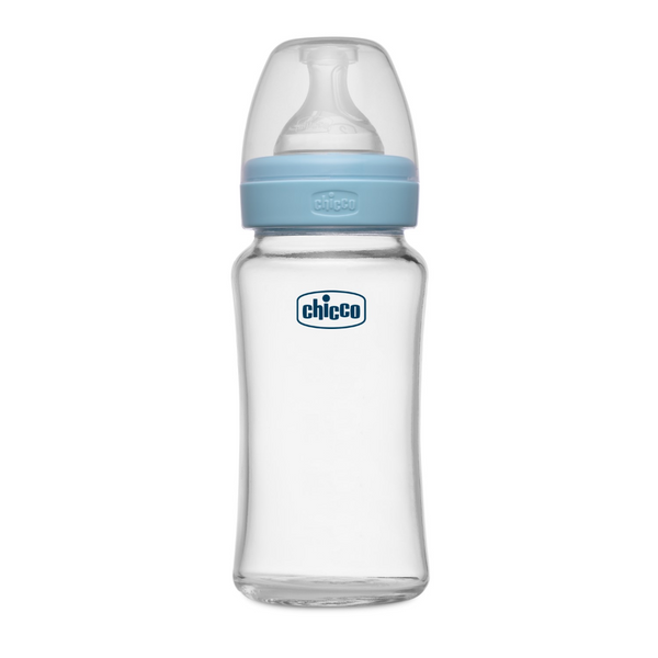Chicco Well-Being Glass Feeding Bottle 240ml Medium Flow - Blue 2M+