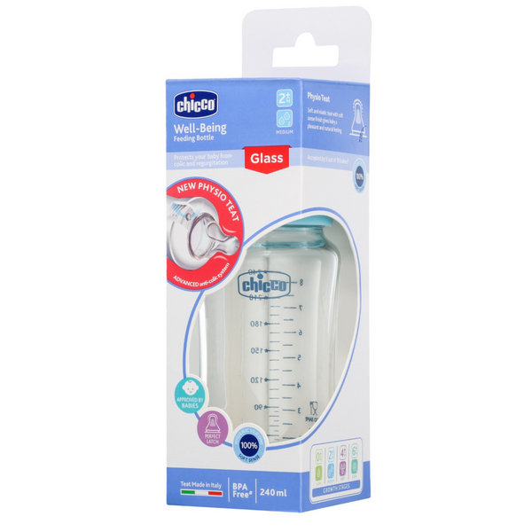 Chicco Well-Being Glass Feeding Bottle 240ml Medium Flow - Blue 2M+