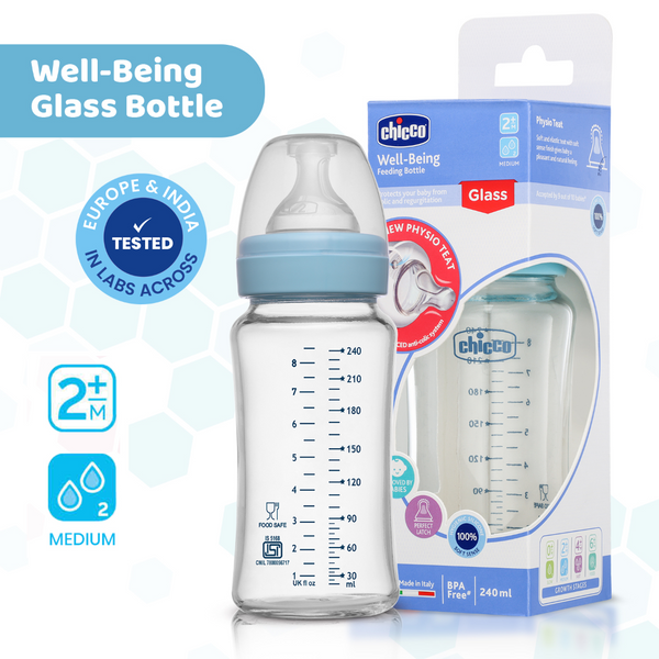 Chicco Well-Being Glass Feeding Bottle 240ml Medium Flow - Blue 2M+
