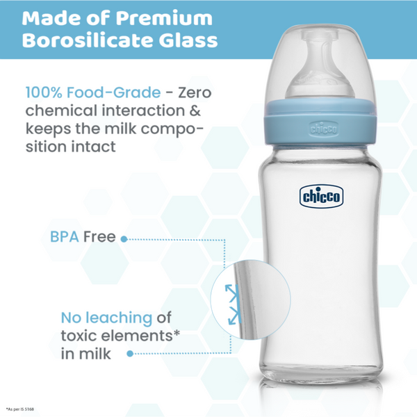 Chicco Well-Being Glass Feeding Bottle 240ml Medium Flow - Blue 2M+