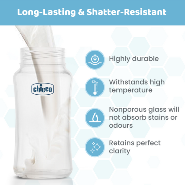 Chicco Well-Being Glass Feeding Bottle 240ml Medium Flow - Blue 2M+