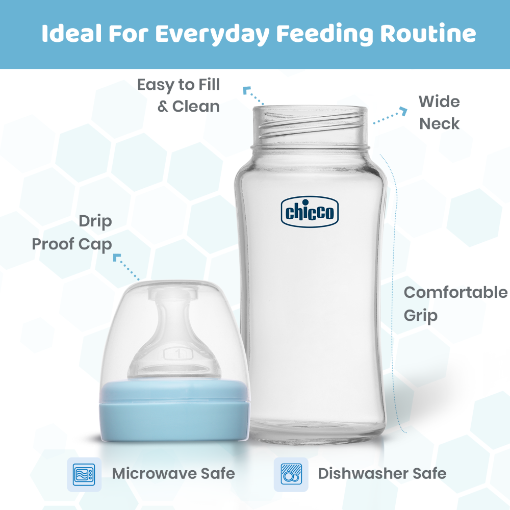 Chicco Well Being Glass Feeding Bottle 240 ml Medium Flow Blue