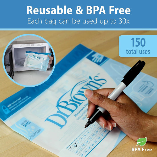 Dr. Brown's Microwave Steam Sterilizer 5 Reusable Begs 30 Uses Per Beg