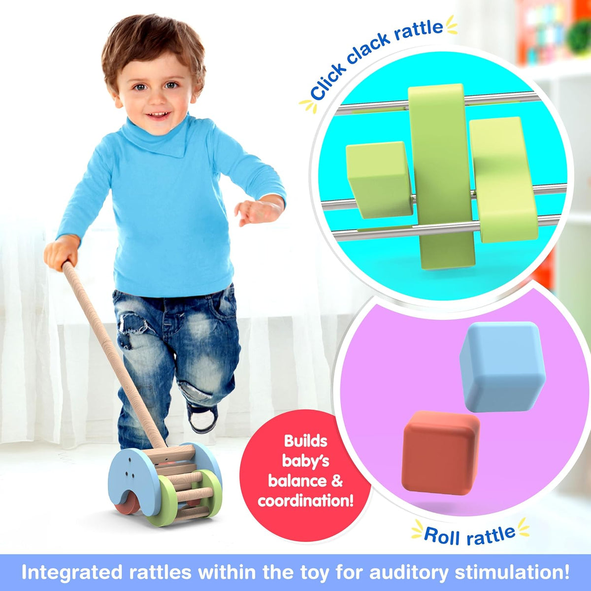 Giggles Rattle Strider Wooden Push Along 18M+ – Multicolor
