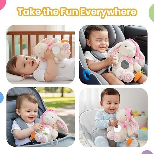 Nuluv Soft Bunny Ring Rattle Toy for Baby with Mirror & Crinkle, Early Development Sensory Toy